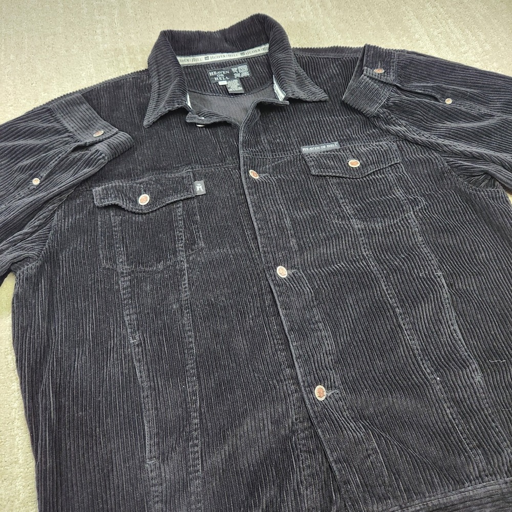 Vintage Corduroy Jacket Mens 3XL Black Heaven Or Hell Button Front Chunky Cotton